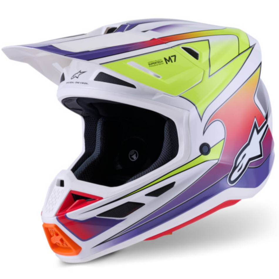 Helmet: ALPINESTARS 2026 SM7 FUSE ECE06 White/Flu Yellow/Purple Glossy