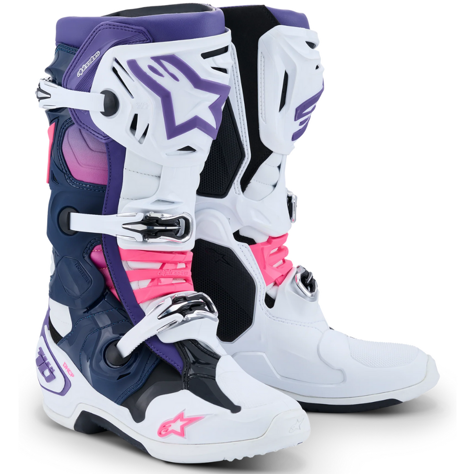 Boots: ALPINESTARS 2026 TECH 10 White/Violet/Navy Blue/Pink Fluo