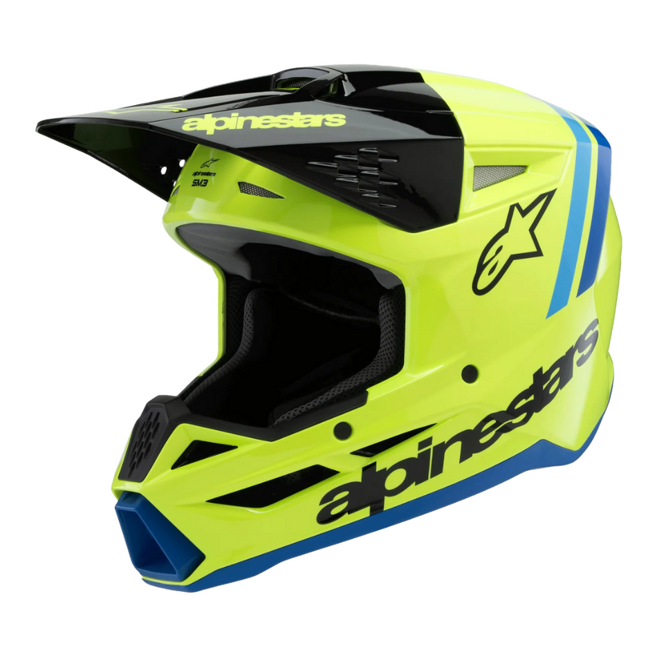 Helmet: ALPINESTARS Youth 2025 SM3 RADIUM ECE06 Yellow Fluo/Black/Blue Glossy