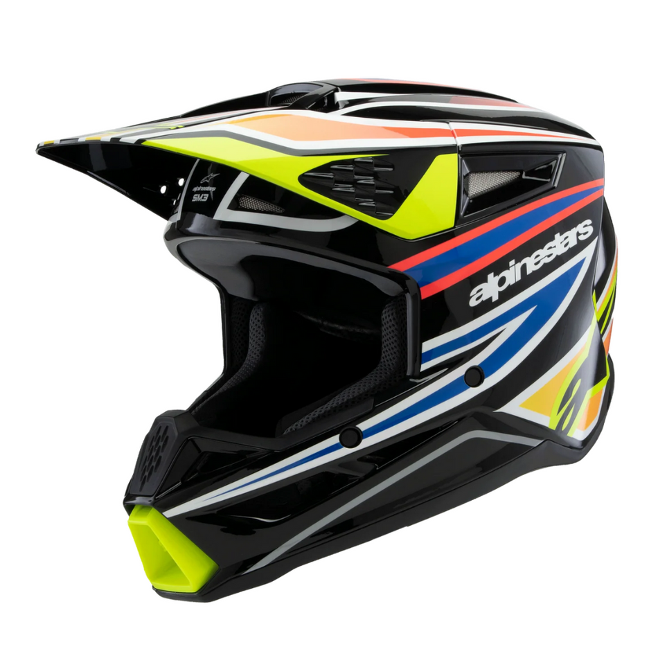 Helmet: ALPINESTARS Youth 2025 SM3 WURX ECE06 Black/Yellow Fluo/Blue Red Glossy