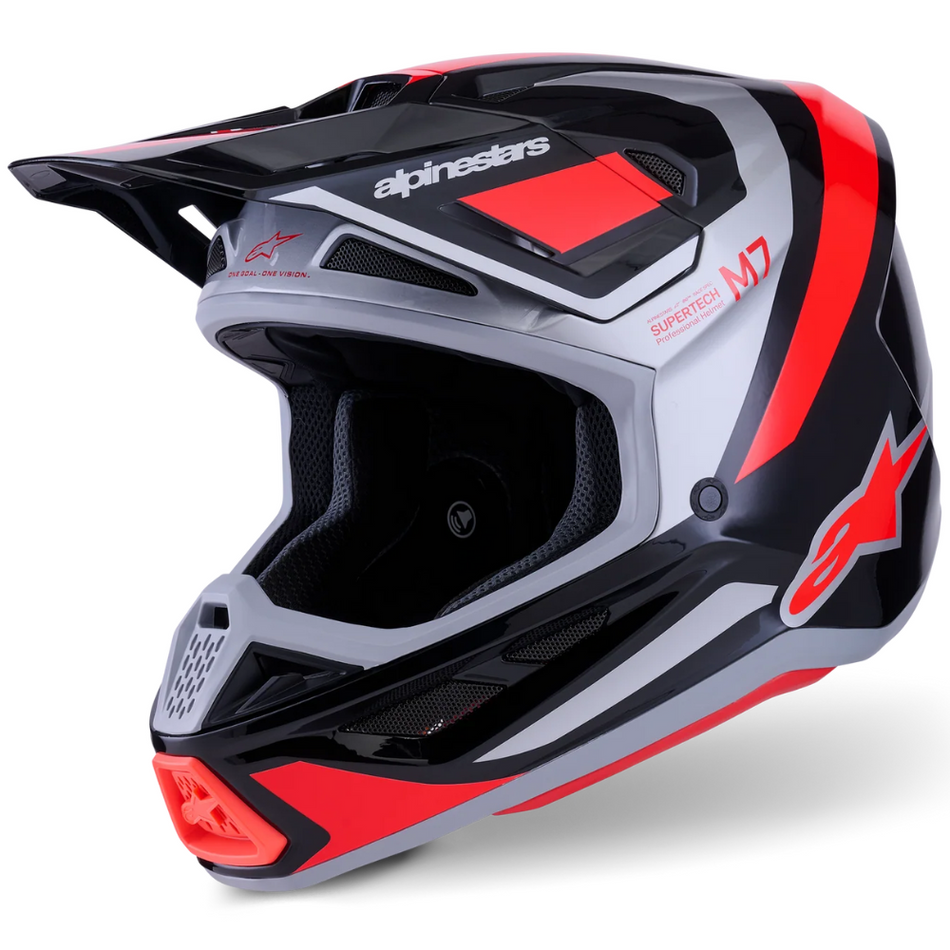 Helmet: ALPINESTARS 2026 SM7 RISE ECE06 Black/Silver/Red Fluo Glossy
