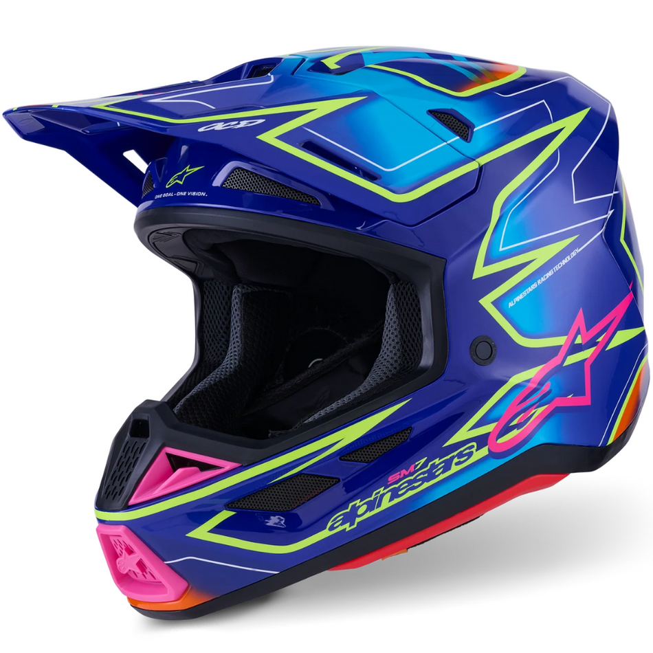 Helmet: ALPINESTARS 2026 SM7 CAST ECE06 Blue/Pink/Yellow Fluo Glossy